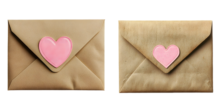 Brown envelope with pink heart sticker, isolated on a transparent background - Powered by Adobe