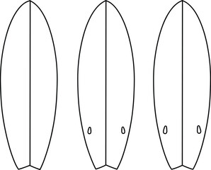 Surfboard vector illustration, swallowtail design, twin-fin setup comparison, vertical layout, beach sport equipment, isometric style, surfing gear for water sports