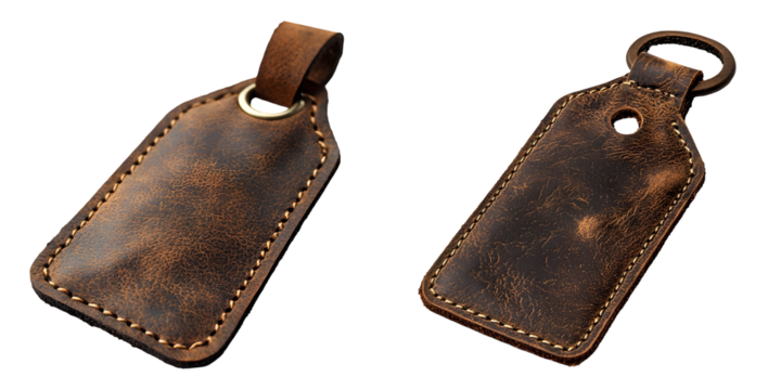 Brown leather tag with visible stitching, suitable for branding, luggage tags, or decorative purposes. isolated on a transparent background - Powered by Adobe