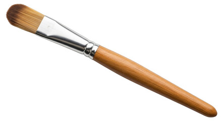 Fototapeta premium A Single Makeup Brush with a Wooden Handle and Metal Ferrule Displayed Against a Black Background