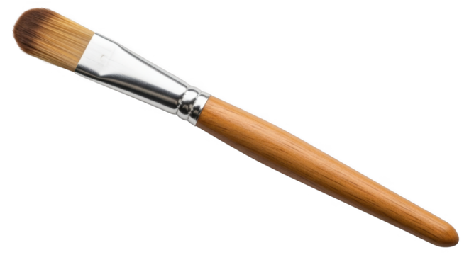 A Single Makeup Brush with a Wooden Handle and Metal Ferrule Displayed Against a Black Background