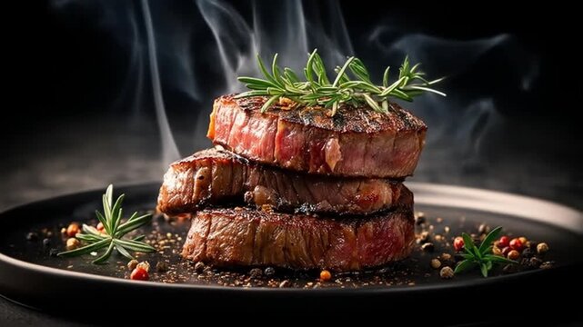 A beautifully arranged stack of grilled steak garnished with fresh herbs and spices, emitting a tantalizing steam, set against a dark background, ideal for culinary promotions