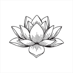 Lotus Flower Line Art – Black and White Vector Illustration with Layered Petals and Symmetrical Botanical Design
