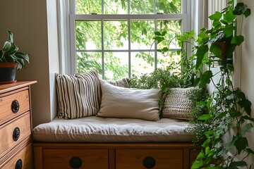 Cozy seating spot in a bay window with wooden storage drawers, taupe cushion, striped pillow set, and trailing greenery nearby 