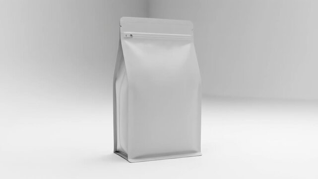 A standing, off-white, rectangular pouch with a zipper at the top, seemingly for packaging, sitting on a white surface. The background is also white