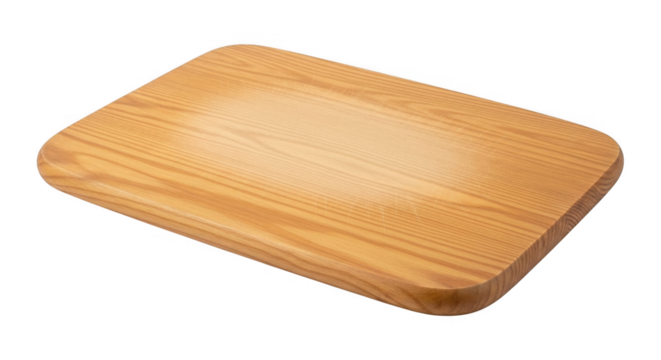 A simple wooden cutting board with a light natural grain and rounded corners perfect for chopping fruits vegetables and meats in a professional kitchen or home cooking environment
