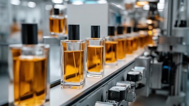 A close-up view of a modern perfume production line showcasing elegant glass bottles filled with amber liquid, moving on a conveyor belt in a well-lit industrial setting