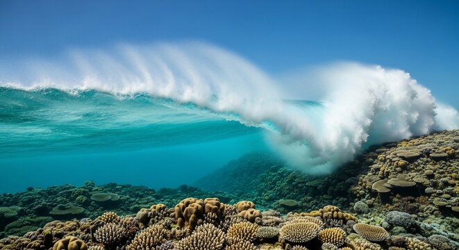 Ocean wave breaking over a vibrant coral reef underwater marine ecosystem - Powered by Adobe