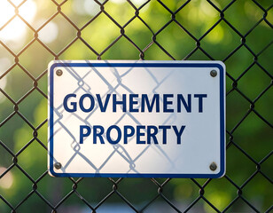 Close-up of a white sign on a chain-link fence reading 'GOVHEMENT PROPERTY' (misspelled government). Blurred green background with sunlight.
