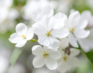 Obraz premium Close-up of delicate white spring blossoms with golden stamens against a soft bokeh background, representing nature's renewal and purity.