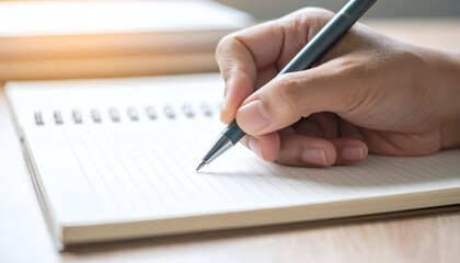 Close-up of a hand writing notes with a pen in a spiral-bound notebook. Ideal for concepts of study, education, planning, work, journaling, or creativity.