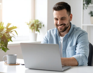 Cheerful young man working remotely on his laptop in a bright home office, enjoying productivity and comfortable work environment.
