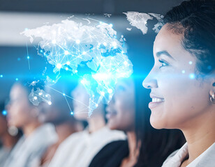Smiling woman with glowing world map overlay, symbolizing global connection, digital future, and international collaboration in business and technology.