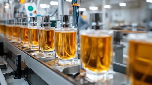 A close-up view of a modern perfume production line showcasing elegantly designed glass bottles filled with amber liquid, highlighting the intricate manufacturing process in a well-lit factory setting