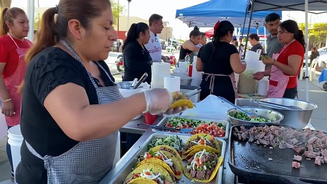 Taco vendor preparing street tacos for customers at local outdoor event on a sunny day, full of