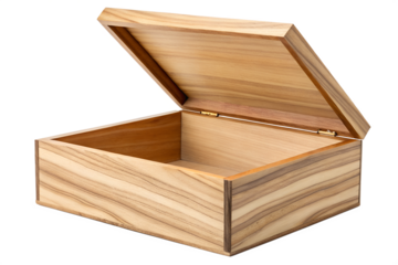 Elegant open wooden storage box with a hinged lid, showcasing a beautiful natural wood grain pattern, isolated on a clean white background