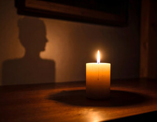 Warm candlelight illuminates a wall, casting a poignant human shadow. Evokes reflection, memory, peace, or a power outage in a dark setting.
