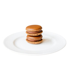 Exquisite Macarons: A close-up of three delectable macarons stacked on a pristine plate, inviting the senses with their vibrant colors and delicate textures. A treat to behold!