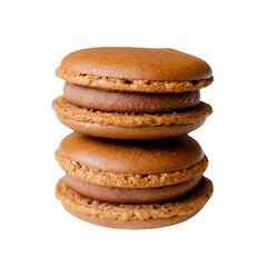 Chocolate Macarons Towering High: Two meticulously crafted chocolate macarons, each a delectable blend of crisp meringue and creamy filling, stand stacked on one another against a clean backdrop.