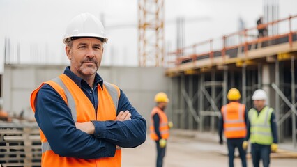 Experienced construction manager overseeing busy building site