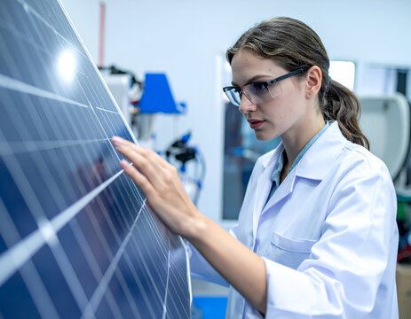 Female engineer in lab coat inspects a solar panel, representing renewable energy research, innovation, and sustainable technology development in a laboratory. - Powered by Adobe