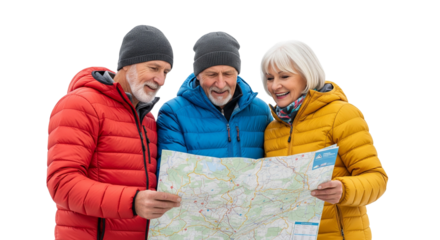 Older Adults in Colorful Jackets Reading Map Together on White Background