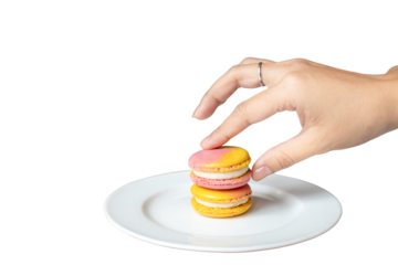 Macarons' Tower on Plate: A visually enticing tower of two colorful macarons, artfully presented on a pristine white plate, representing a moment of indulgence and the pleasure of culinary perfection.