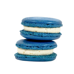Macarons Delight: A stack of two exquisite macarons, featuring vibrant blue shells and a creamy white filling. Showcasing the treat's elegance and culinary artistry.