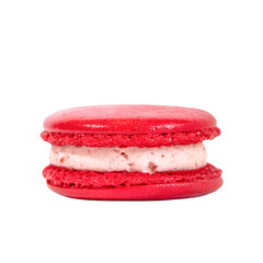 Crimson Macaron: A single, tantalizing crimson macaron, a delightful treat with a luscious cream...