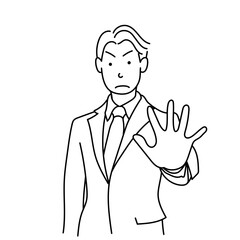 制止のジェスチャーをするスーツ姿の男性｜黒線の線画ベクターイラスト © hananoyama