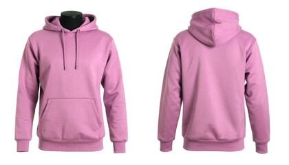 Pink hoodie sweatshirt displayed on mannequin front and back view isolated on white