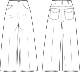 Technical fashion vector illustration of high‑waisted wide‑leg pants with pockets, waistband, belt loops, button closure, detailed stitching, front back views