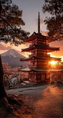 Naklejka premium Sunrise pagoda, mountain backdrop, cherry blossoms, Japanese temple