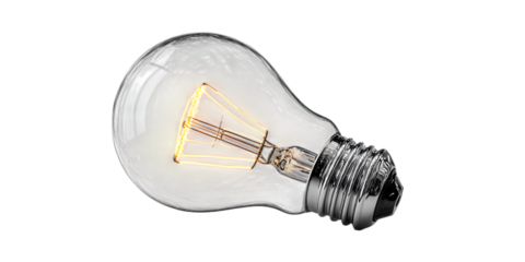 Clear glass light bulb with glowing filament isolated on white background.