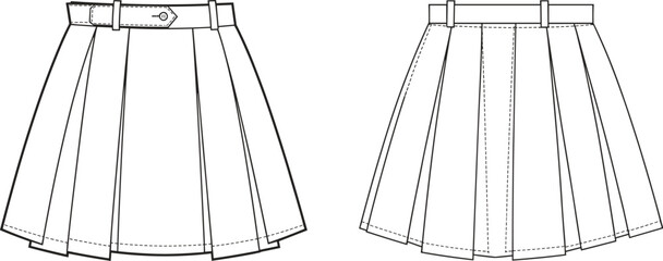 Technical flat fashion sketch of pleated skirt with waistband, belt loops, buckle belt, button detail, front and back structured pleat views