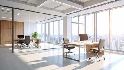 Fototapeta premium Spacious modern office interior with wooden desks, office chairs, computers, and wide glass windows offering city skyline views. Filled with natural sunlight for a productive environment