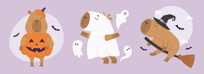 Funny capybaras set in halloween costumes