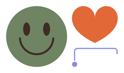 Green smiling face linked to orange heart via purple line, representing positivity and emotional connection. Ideal for happiness, love, care, emotions, mental health, relationships, communication