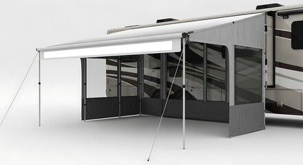 Modern RV Awning with a Full Gray Screen Room Enclosure, Creating an Outdoor Patio for Camping.