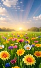Fototapeta premium Sunrise over a Vibrant Meadow of Wildflowers and Daisies 