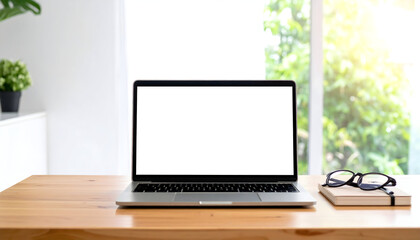 Laptop on wooden desk with natural light