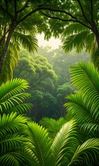 Fototapeta premium Lush Tropical Forest with Dense Green Foliage and Sunlight 