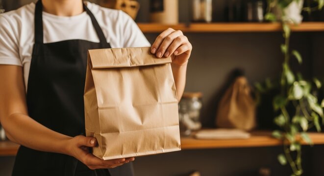 Person holding a brown paper bag in a shop or cafe environment for takeout orders