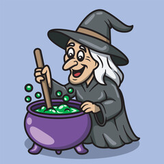Cartoon Illustration of a Witch Stirring a Potion in a Cauldron
