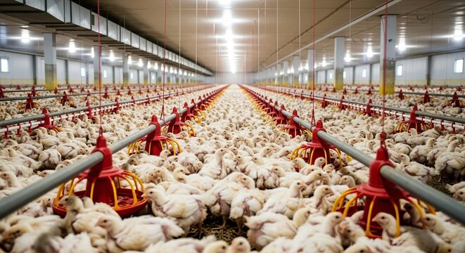 Large indoor poultry farm filled with thousands of chickens in a commercial setting