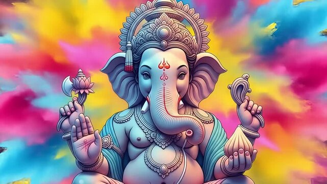 Image is a vibrant digital artwork featuring a detailed statue of the Hindu deity Ganesha, depicted in a seated position. The statue is intricately designed with a focus on the elephant head, adorned 