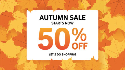 50 Percent Off Autumn Sale Banner with Colorful Fall Leaves Background, Shopping Promo