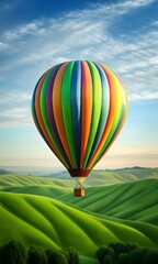 Fototapeta premium Colorful Hot Air Balloon Over Rolling Green Hills