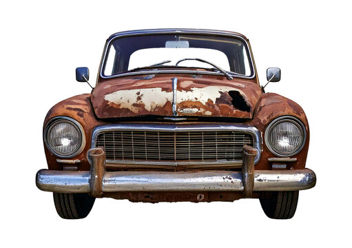 A rusty old car with a broken headlight isolated on transparent or white background