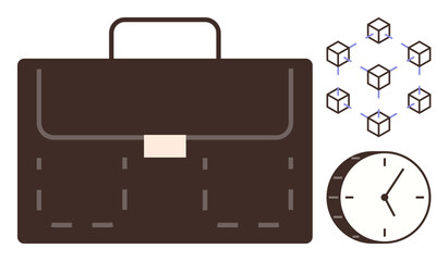 Brown briefcase, clock, and blockchain cubes represent work, time management, and technology. Ideal for business, innovation, efficiency, collaboration professionalism digital assets teamwork